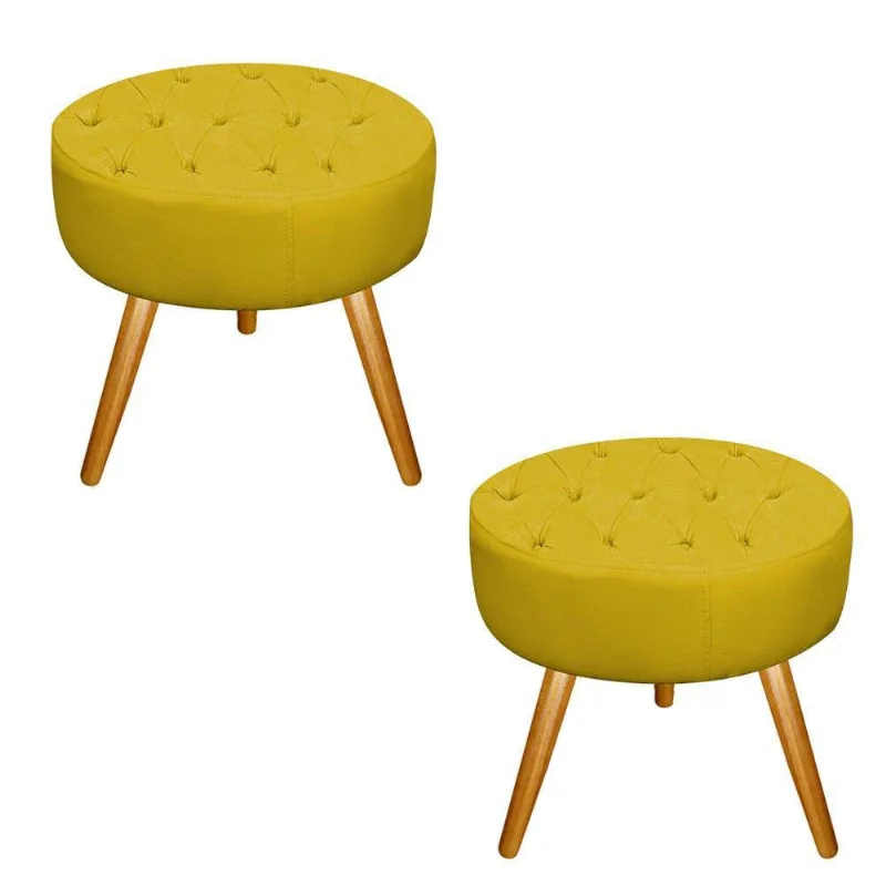 Kit 02 Puffs Fernanda Palito Mel Suede Amarelo Adj Decor