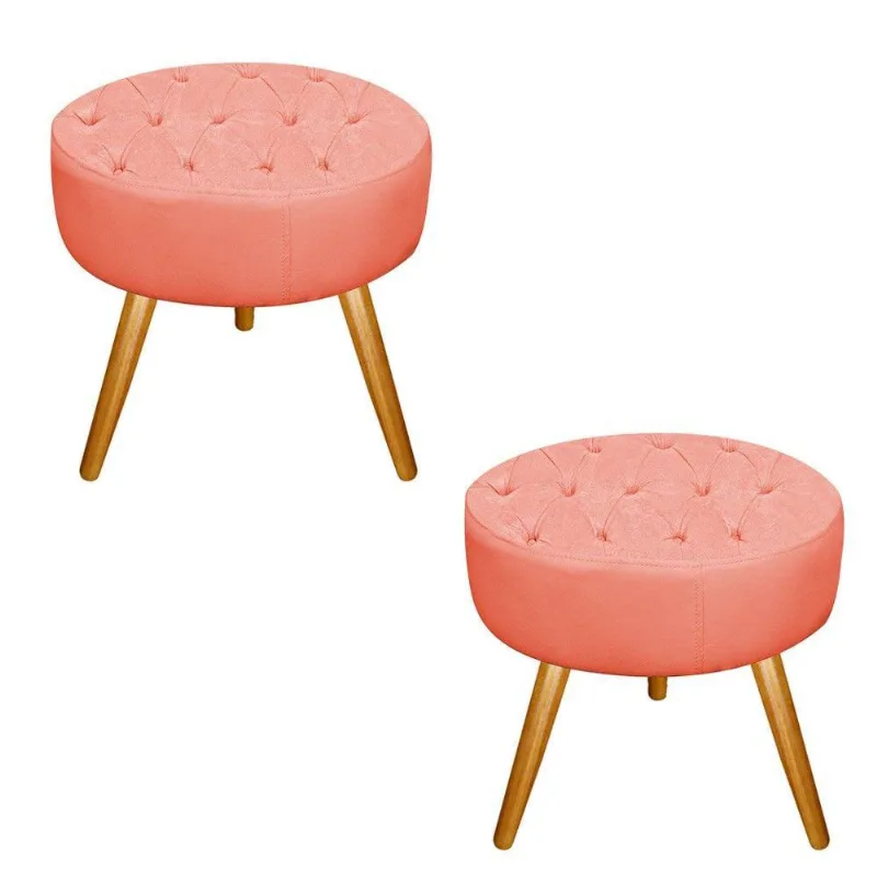 Kit 02 Puffs Fernanda Palito Mel Suede Coral Adj Decor