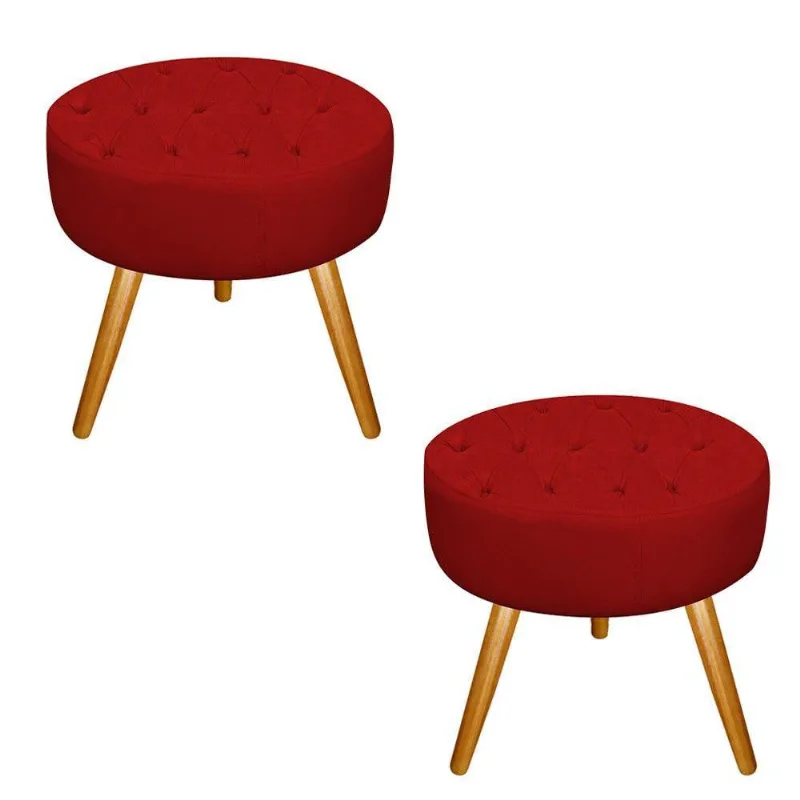 Kit 02 Puffs Fernanda Palito Mel Suede Vermelho Adj Decor