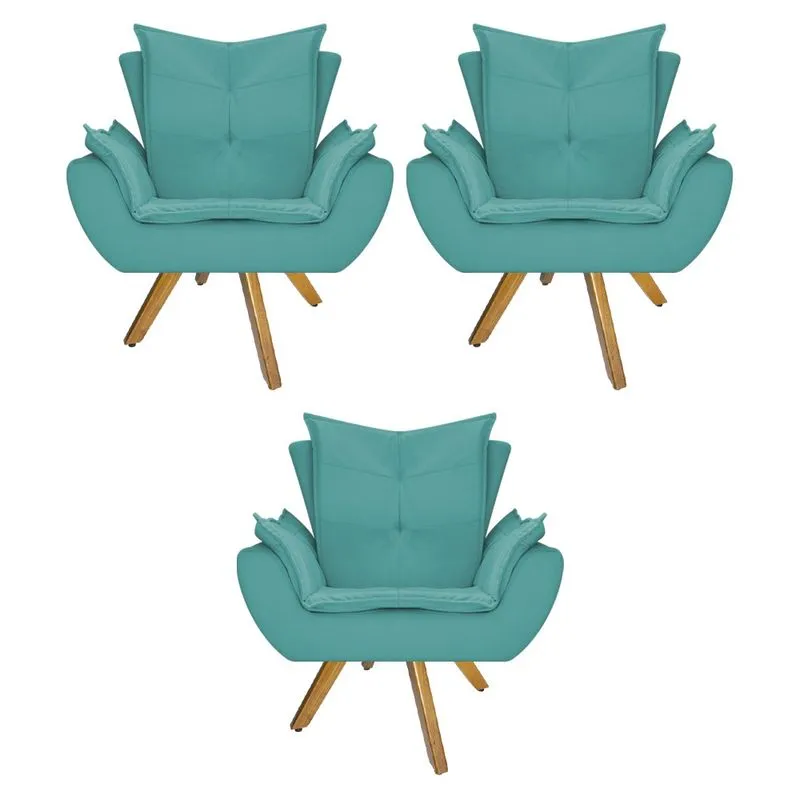 kit 03 Poltronas Apolo Base Giratória de Madeira Suede Azul Turquesa - ADJ Decor