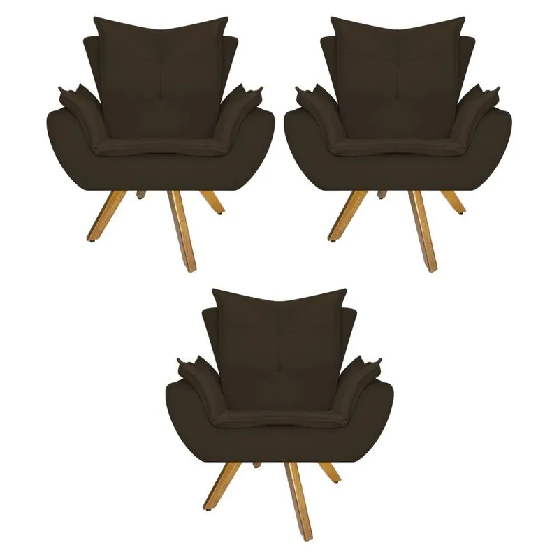 kit 03 Poltronas Apolo Base Giratória de Madeira Suede Marrom - ADJ Decor