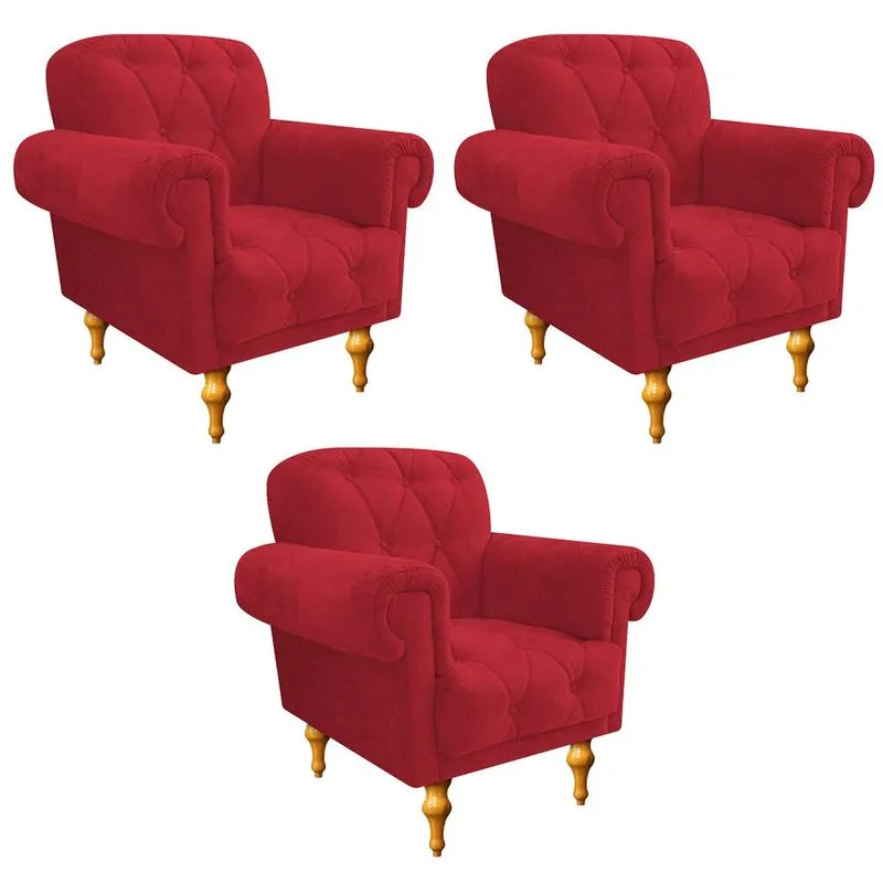 kit 03 Poltronas Decorativas Dani Suede Vermelho - ADJ Decor