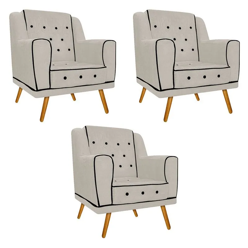 kit 03 Poltronas Olivia Pés Palito Mel Suede Bege - ADJ Decor