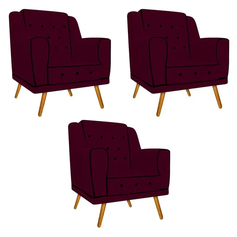 kit 03 Poltronas Olivia Pés Palito Mel Suede Bordô - ADJ Decor