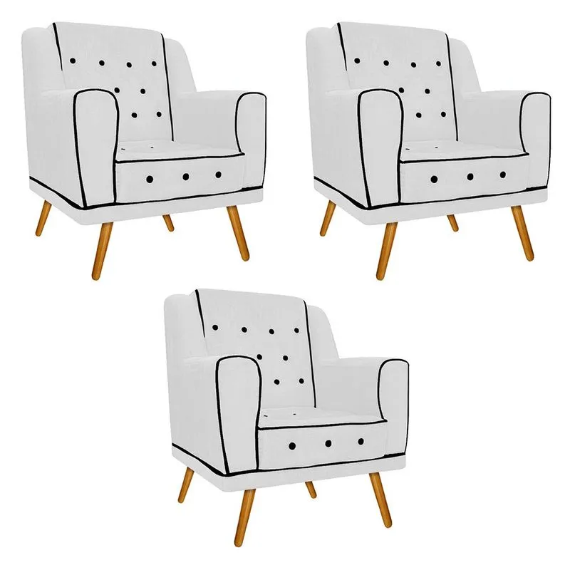 kit 03 Poltronas Olivia Pés Palito Mel Suede Branco - ADJ Decor