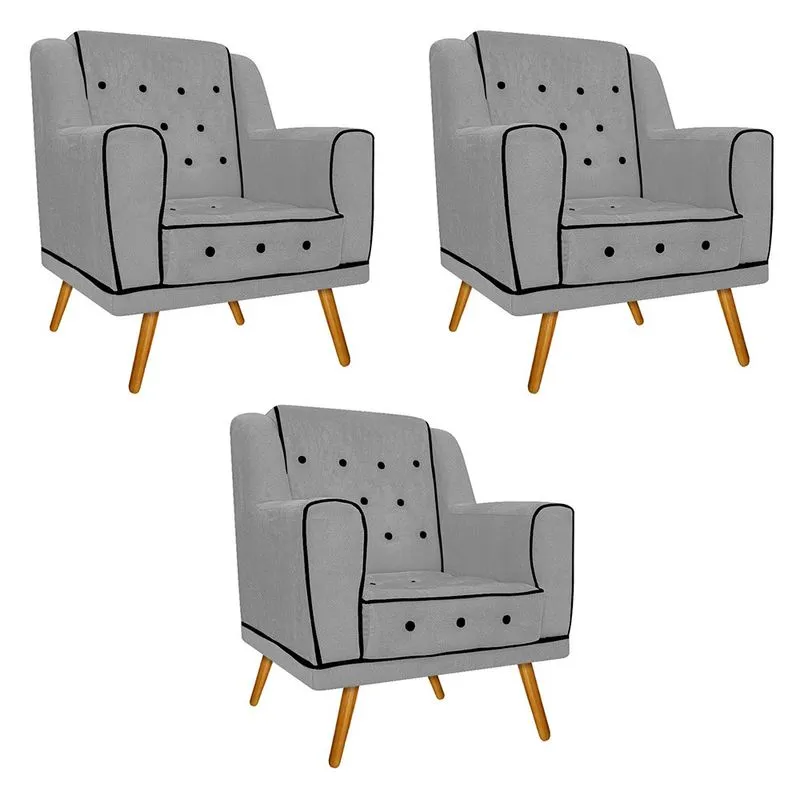 kit 03 Poltronas Olivia Pés Palito Mel Suede Cinza - ADJ Decor