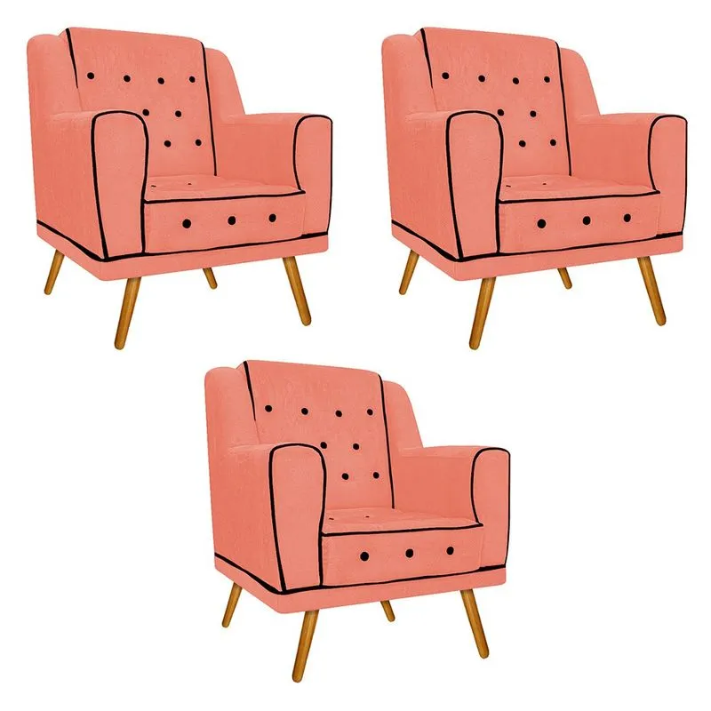 kit 03 Poltronas Olivia Pés Palito Mel Suede Coral - ADJ Decor