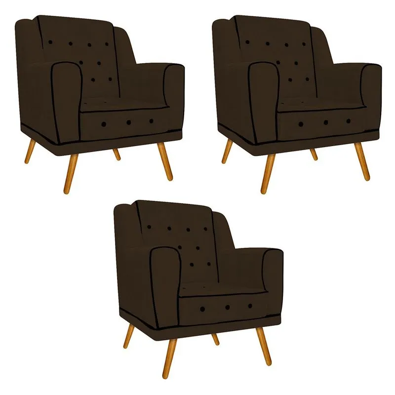 kit 03 Poltronas Olivia Pés Palito Mel Suede Marrom - ADJ Decor