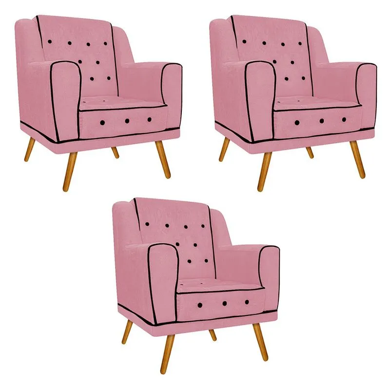 kit 03 Poltronas Olivia Pés Palito Mel Suede Rosa Bebê - ADJ Decor