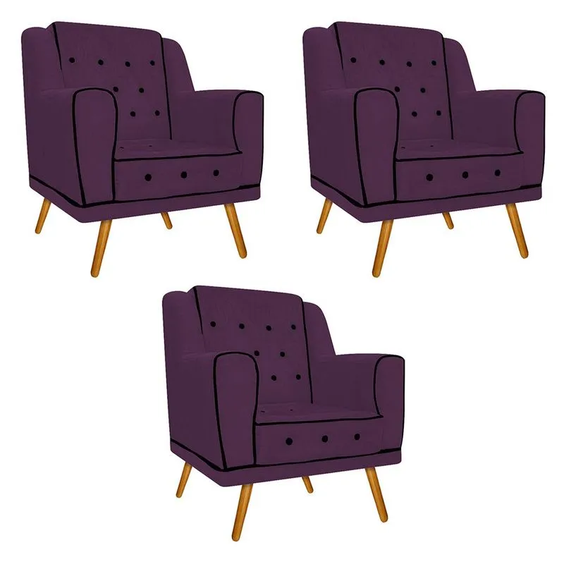 kit 03 Poltronas Olivia Pés Palito Mel Suede Roxo - ADJ Decor