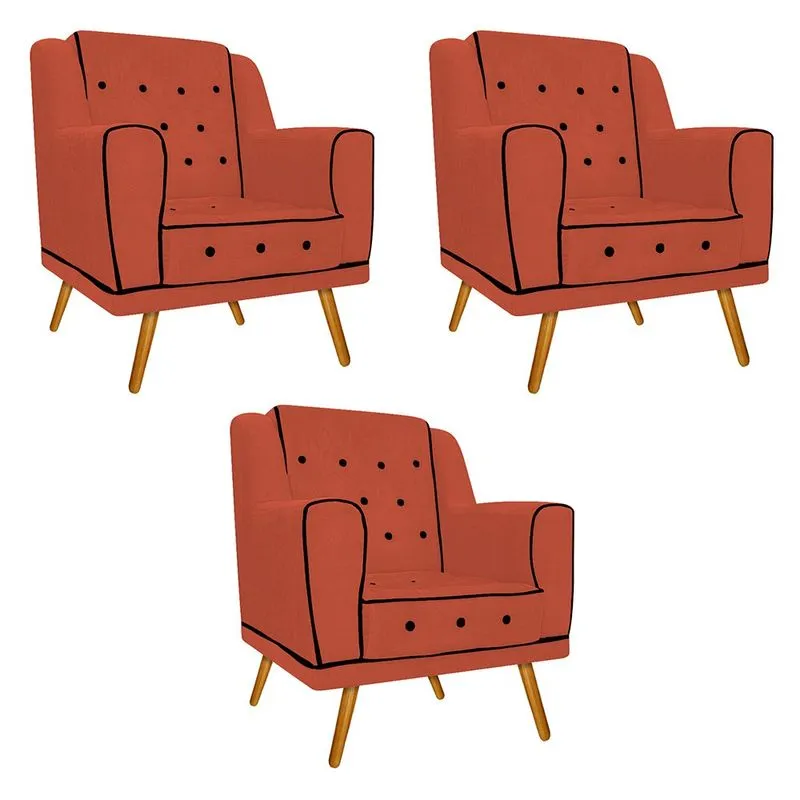 kit 03 Poltronas Olivia Pés Palito Mel Suede Terracota - ADJ Decor