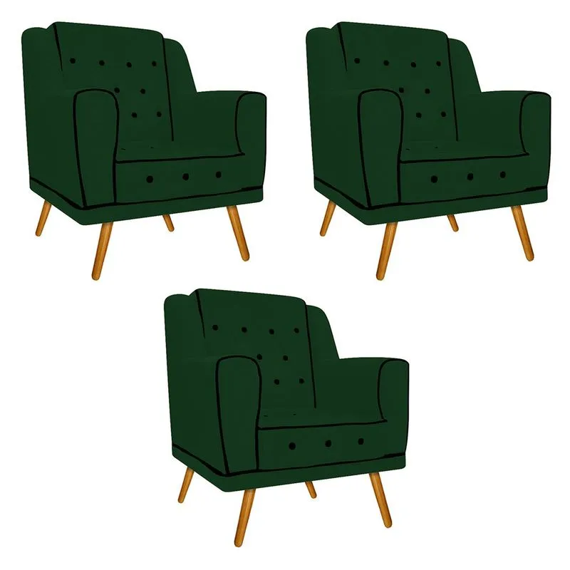 kit 03 Poltronas Olivia Pés Palito Mel Suede Verde - ADJ Decor