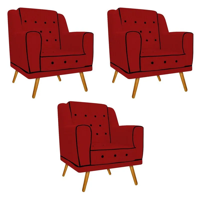 kit 03 Poltronas Olivia Pés Palito Mel Suede Vermelho - ADJ Decor