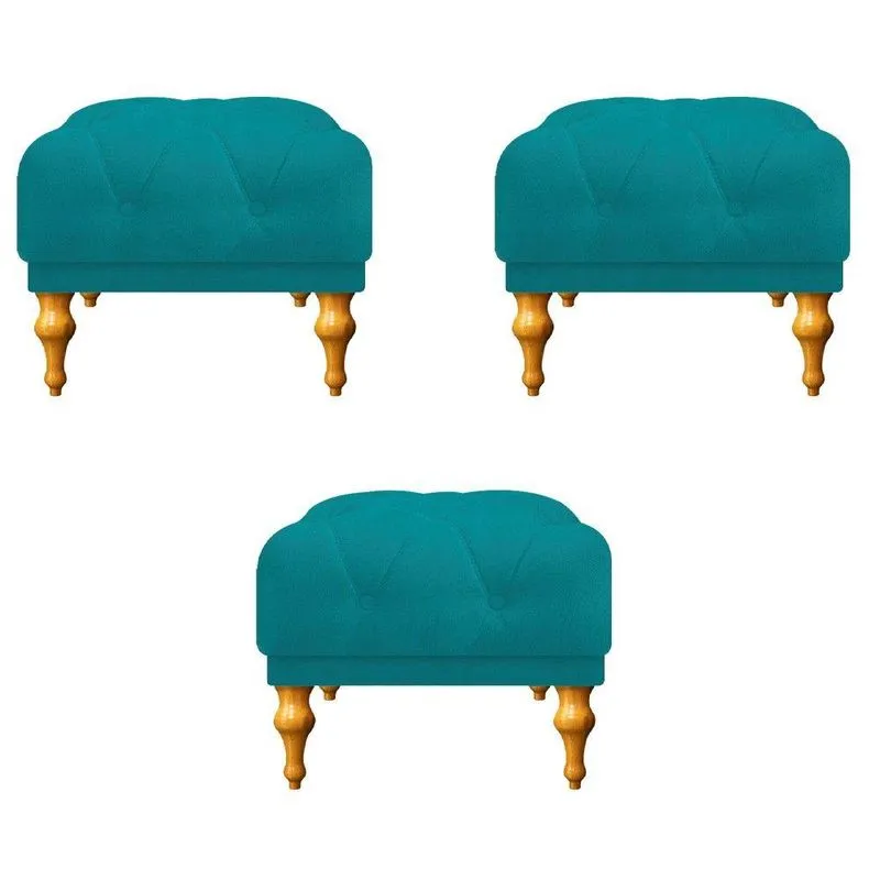 Kit 03 Puffs Decorativos Dani Suede Azul Turquesa Adj Decor