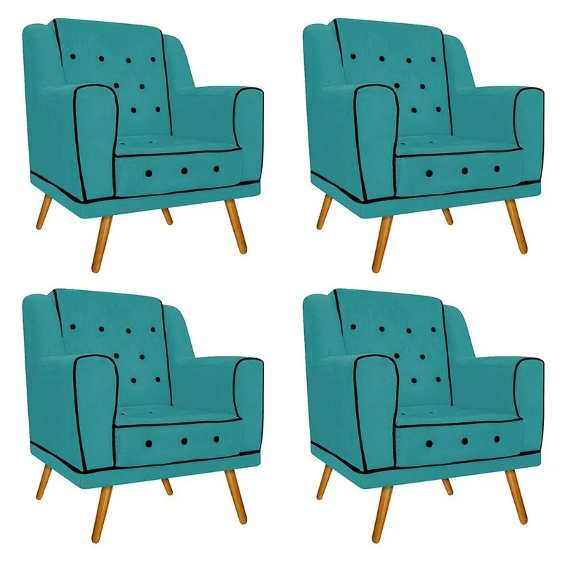 kit 04 Poltronas Olivia Pés Palito Mel Suede Azul Turquesa - ADJ Decor