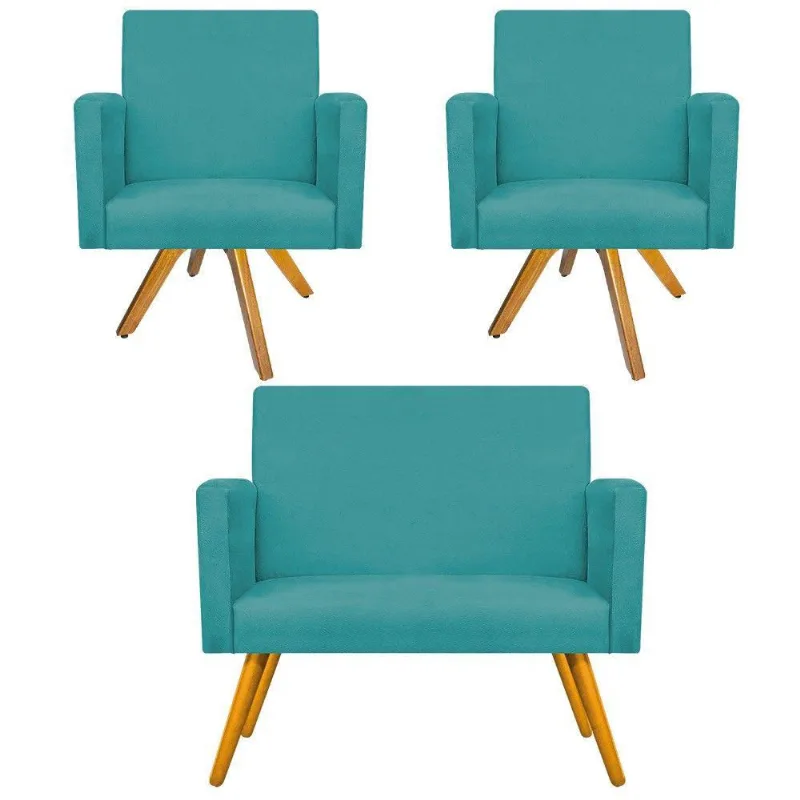 Kit Namoradeira e 02 Poltronas Beatriz Suede Azul Turquesa
