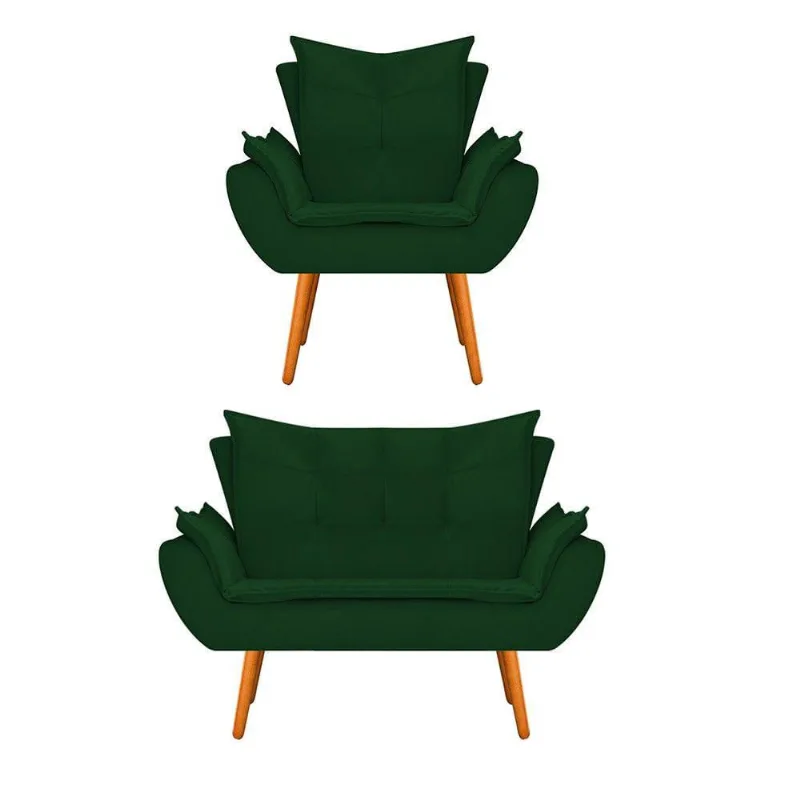 Kit Namoradeira e Poltrona Apolo Pés Palito Mel Suede Verde