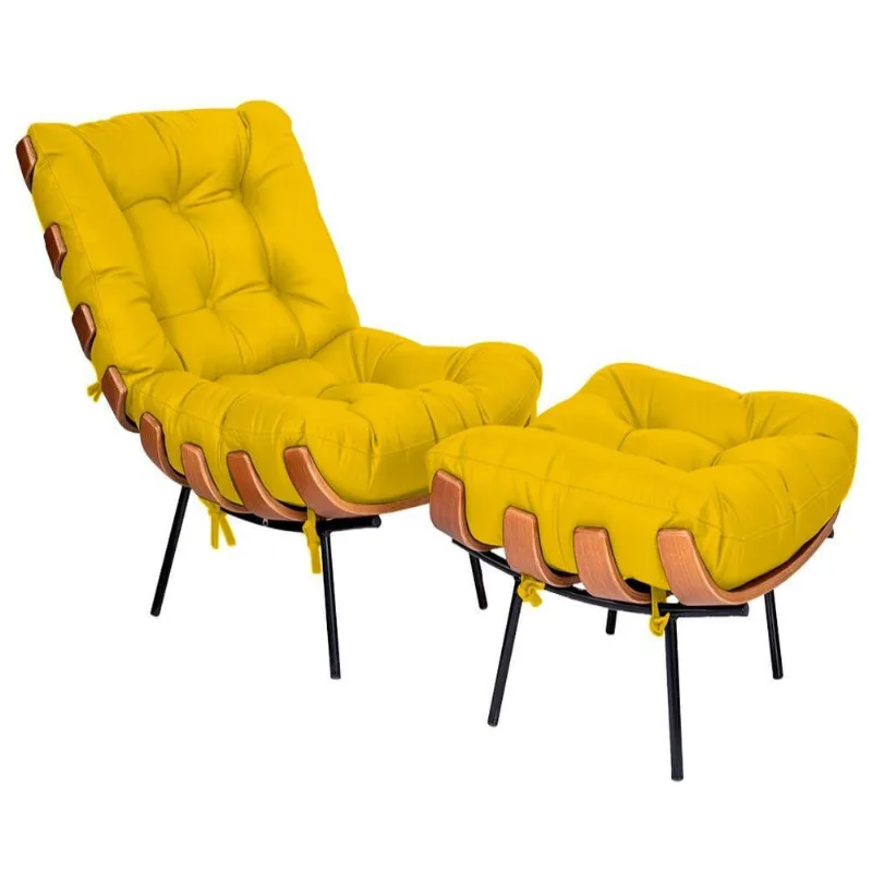Kit Poltrona e Puff Costela Base Fixa Corano Amarelo