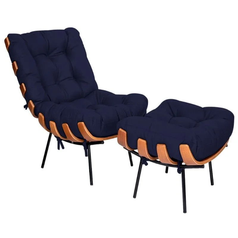 Kit Poltrona e Puff Costela Base Fixa Corano Azul Marinho