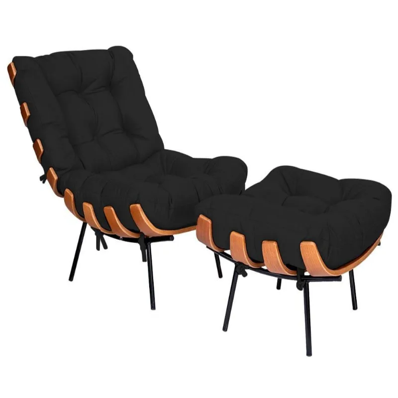 Kit Poltrona e Puff Costela Base Fixa Corano Preto
