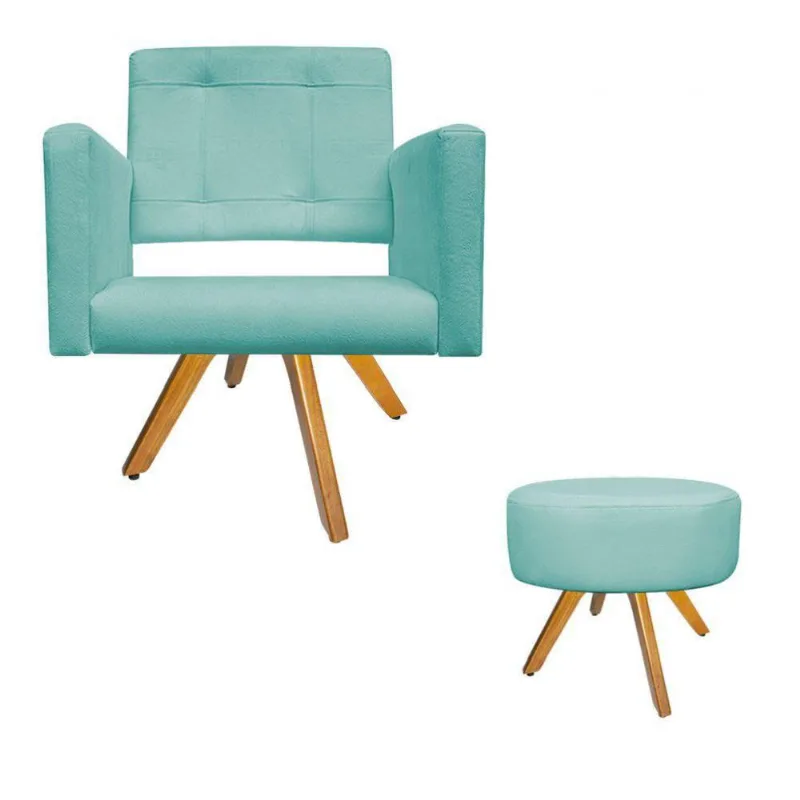 Kit Poltrona Gênesis Puff Sofia Base Giratória Azul Tiffany