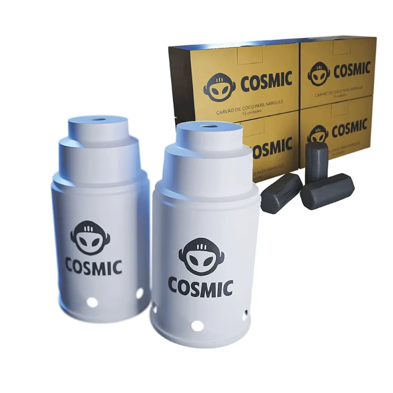 kit Carvão de Coco 1kg Longa Duração e 02 Abafador Branco Pequeno/Médio em Alumínio - Cosmic