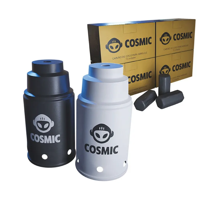 kit Carvão de Coco 1kg Longa Duração e 02 Abafador Branco/Preto Pequeno/Médio em Alumínio - Cosmic
