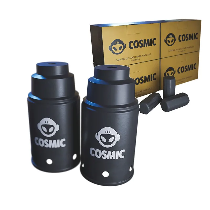 kit Carvão de Coco 1kg Longa Duração e 02 Abafador Preto Pequeno/Médio em Alumínio - Cosmic