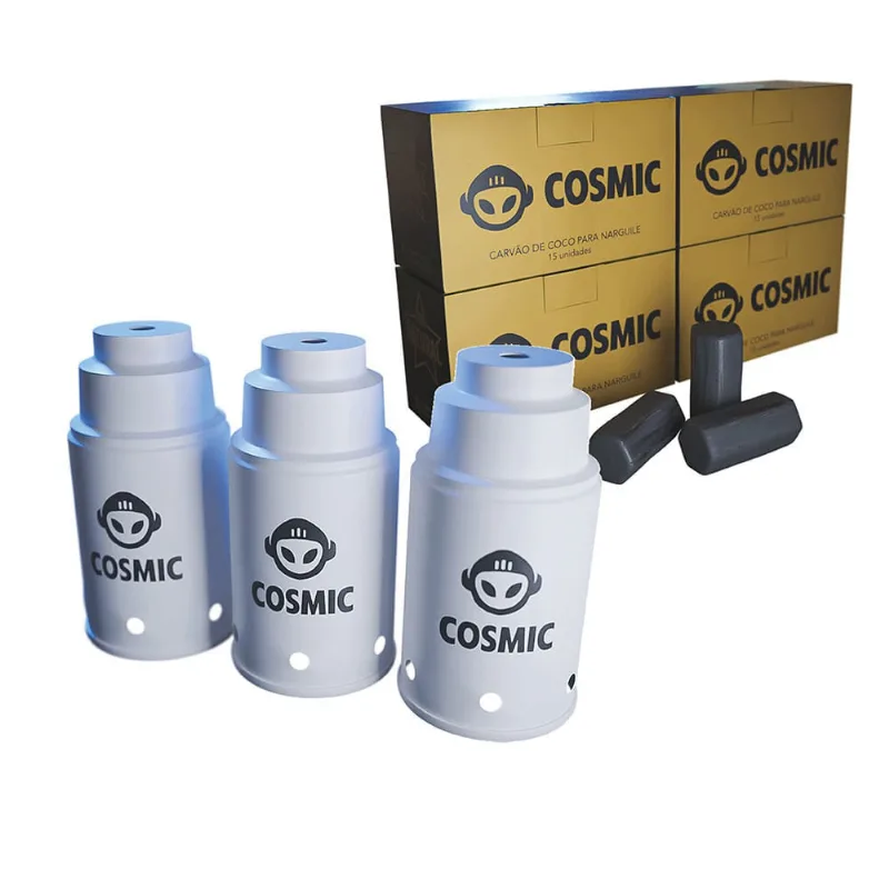 kit Carvão de Coco 1kg Longa Duração e 03 Abafador Branco Pequeno/Médio em Alumínio - Cosmic