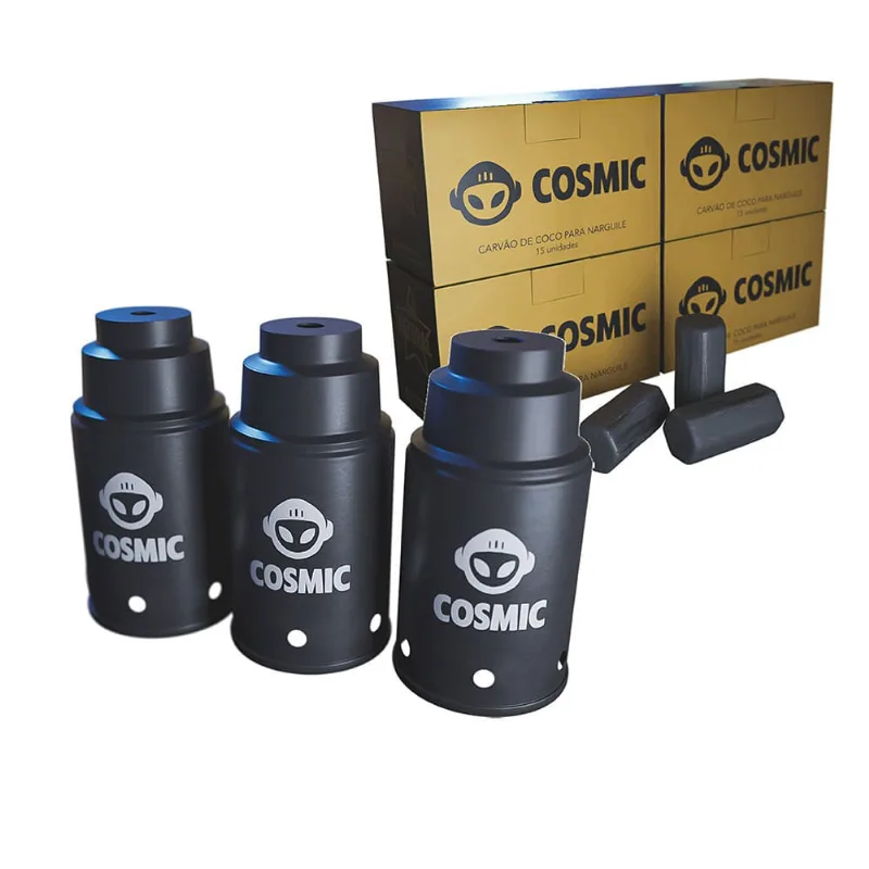 kit Carvão de Coco 1kg Longa Duração e 03 Abafador Preto Pequeno/Médio em Alumínio - Cosmic