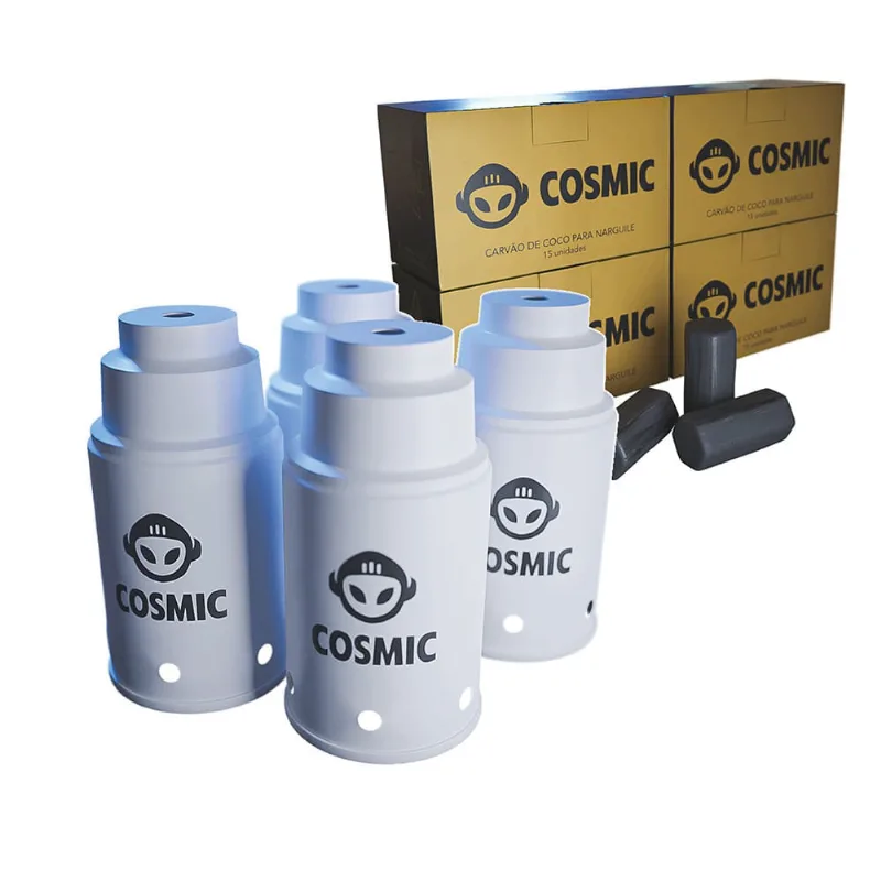 kit Carvão de Coco 1kg Longa Duração e 04 Abafador Branco Pequeno/Médio em Alumínio - Cosmic