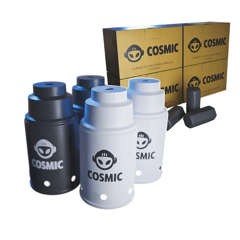 kit Carvão de Coco 1kg Longa Duração e 04 Abafador Branco/Preto Pequeno/Médio em Alumínio - Cosmic