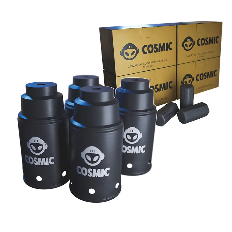 kit Carvão de Coco 1kg Longa Duração e 04 Abafador Preto Pequeno/Médio em Alumínio - Cosmic