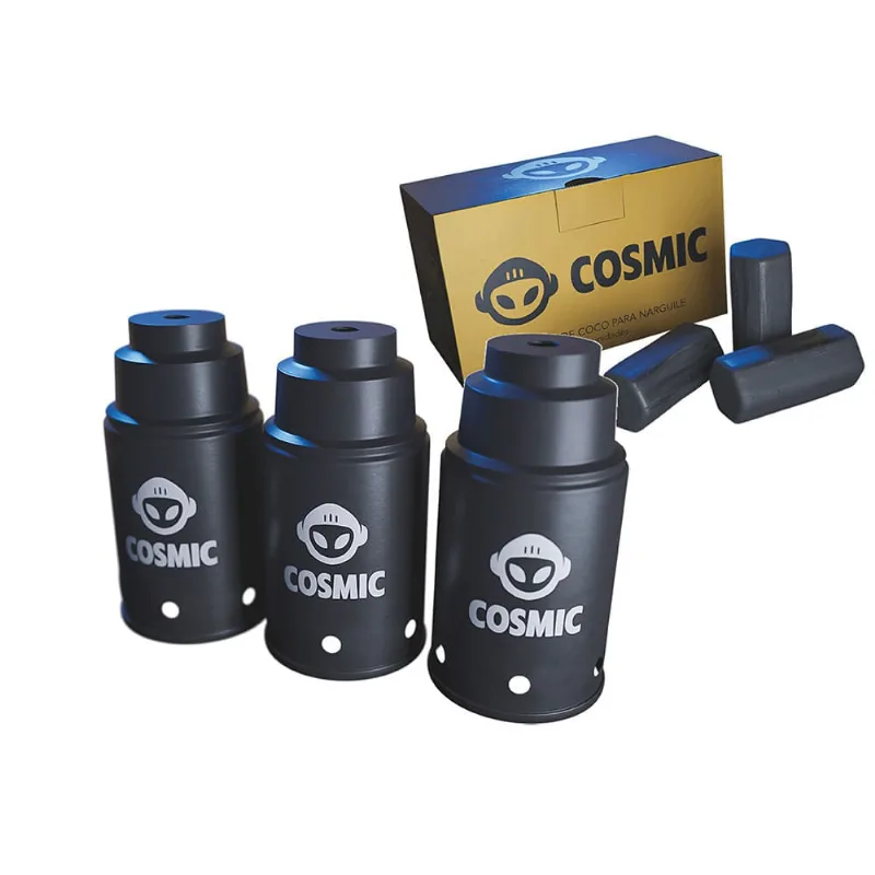 kit Carvão de Coco 250g Longa Duração e 03 Abafador Preto Pequeno/Médio em Alumínio - Cosmic