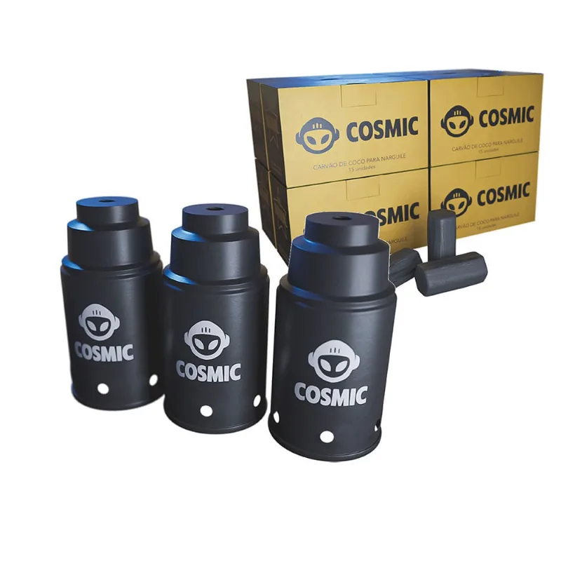 kit Carvão de Coco 2kg Longa Duração e 03 Abafador Preto Pequeno/Médio em Alumínio - Cosmic