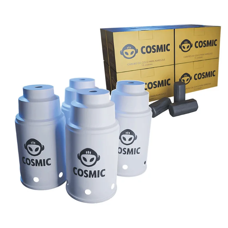 kit Carvão de Coco 2kg Longa Duração e 04 Abafador Branco Pequeno/Médio em Alumínio - Cosmic