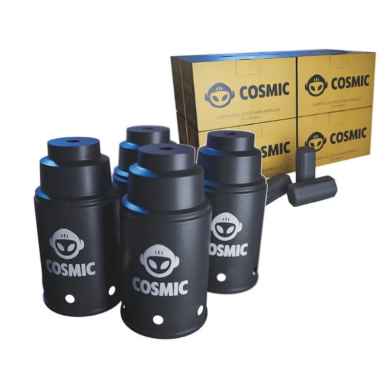 kit Carvão de Coco 2kg Longa Duração e 04 Abafador Preto Pequeno/Médio em Alumínio - Cosmic