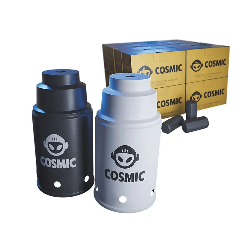 kit Carvão de Coco 4kg Longa Duração e 02 Abafador Branco/Preto Pequeno/Médio em Alumínio - Cosmic
