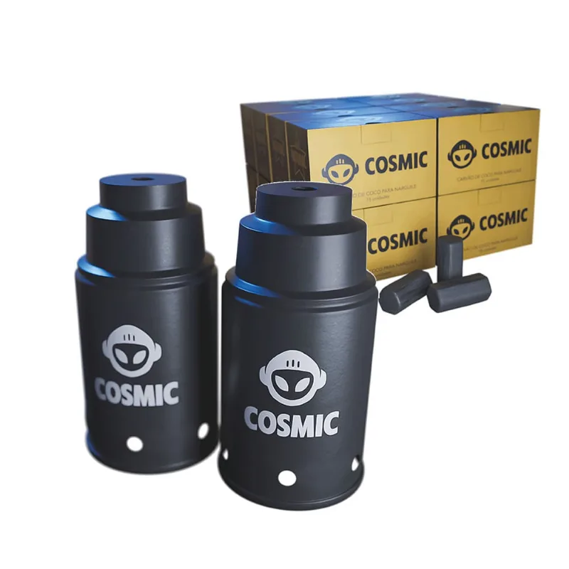 kit Carvão de Coco 4kg Longa Duração e 02 Abafador Preto Pequeno/Médio em Alumínio - Cosmic