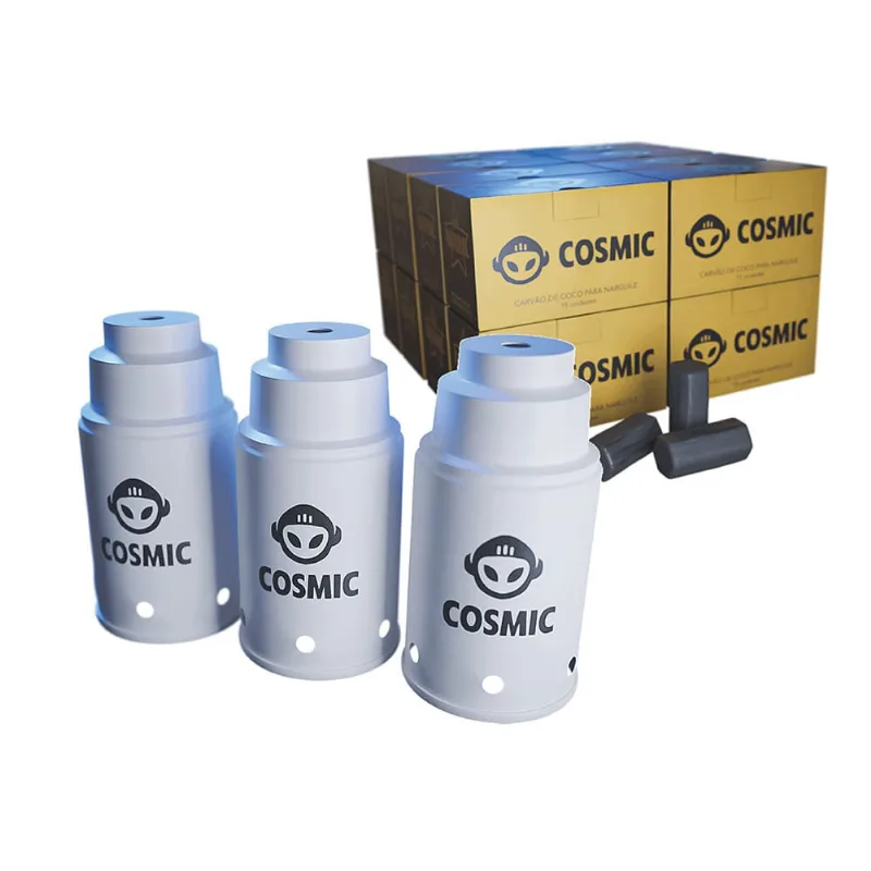 kit Carvão de Coco 4kg Longa Duração e 03 Abafador Branco Pequeno/Médio em Alumínio - Cosmic