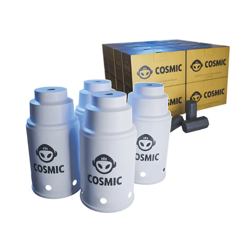 kit Carvão de Coco 4kg Longa Duração e 04 Abafador Branco Pequeno/Médio em Alumínio - Cosmic