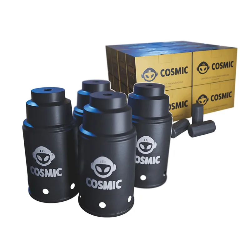 kit Carvão de Coco 4kg Longa Duração e 04 Abafador Preto Pequeno/Médio em Alumínio - Cosmic