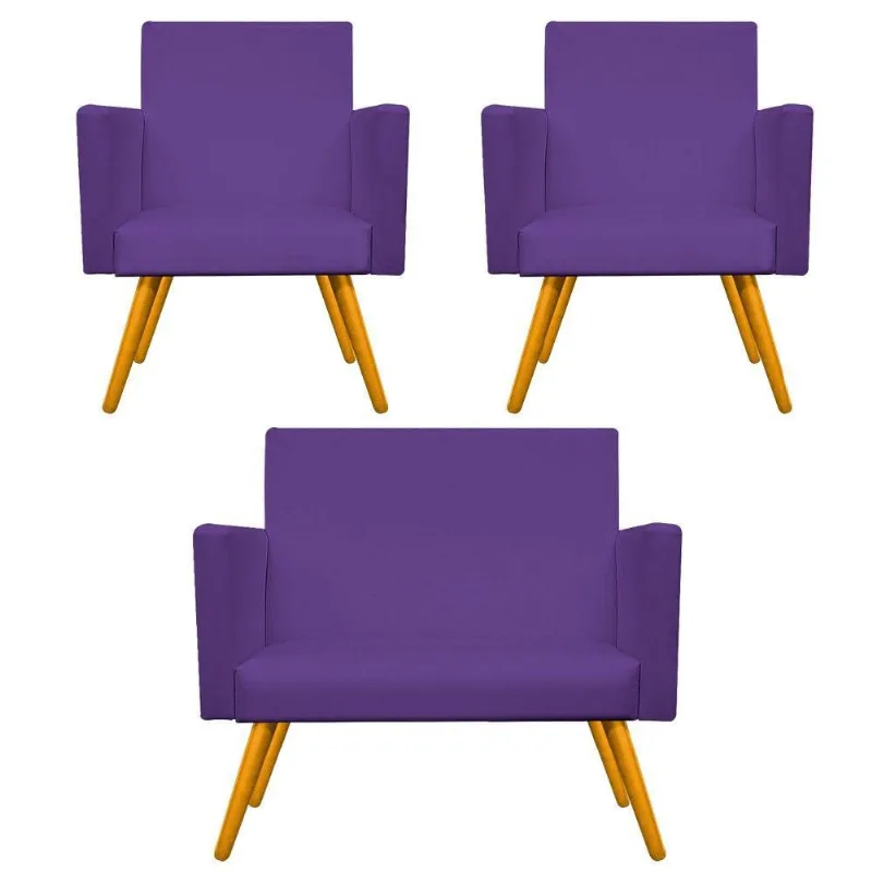 Kit Namoradeira e 2 Poltronas Beatriz Palito Mel Corano Roxo