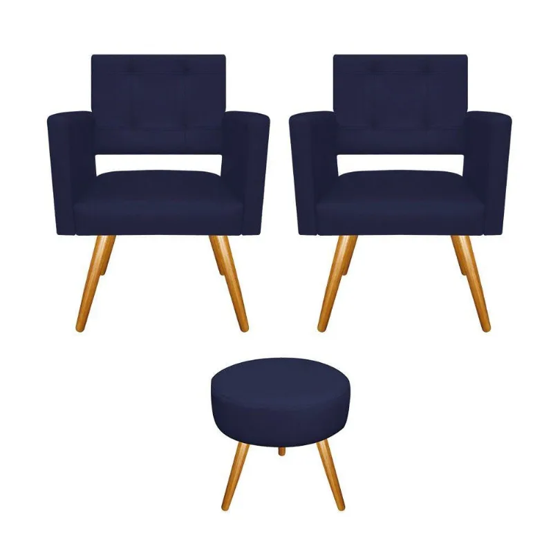 02 Poltronas Gênesis E Puff Sofia Palito Mel Corano Azul