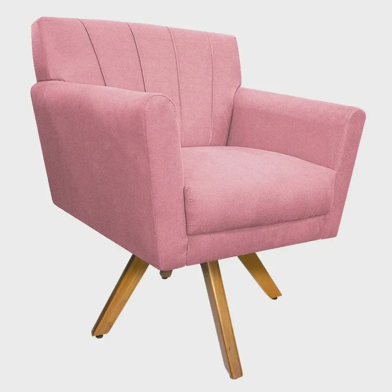 Poltrona Laura Base Giratória de Madeira Suede Rosa Bebê - Amarena Móveis