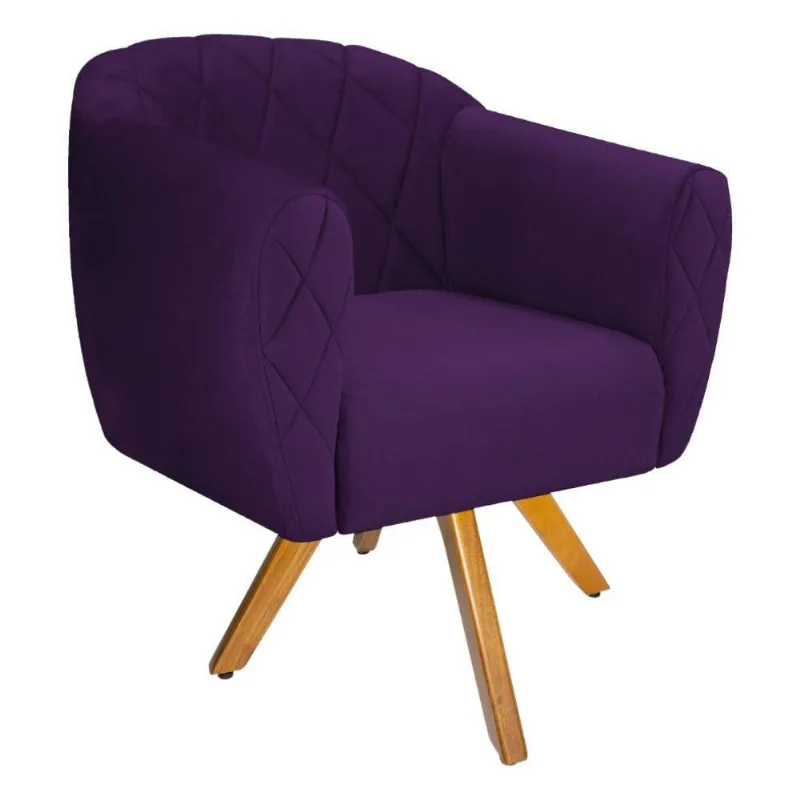 Poltrona Helena Base Giratória Madeira Suede Roxo Doce Sonho