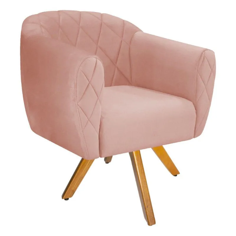 Poltrona Helena Base Giratória Madeira Suede Rosê Doce Sonho