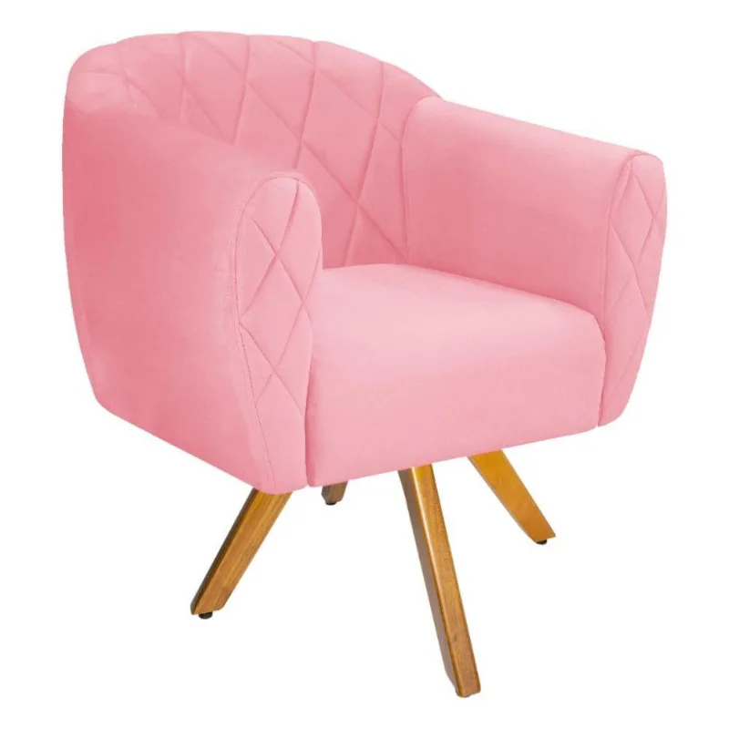 Poltrona Helena Giratória Madeira Suede Rosa Bebê Doce Sonho