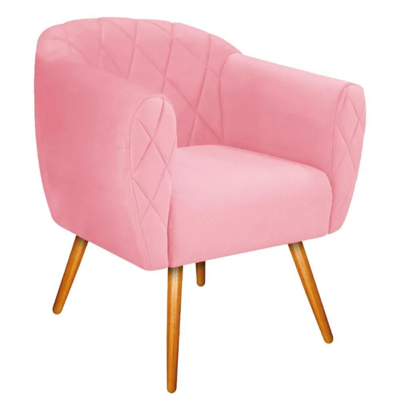 Poltrona Helena Pés Palito Mel Suede Rosa Bebê Doce Sonho
