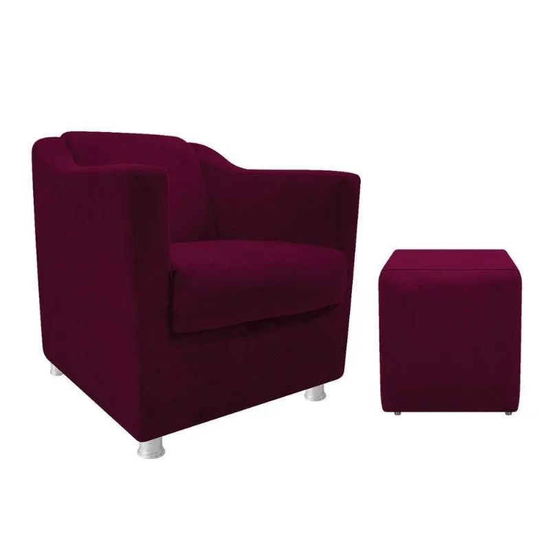 Kit Poltrona Tilla e Puff Dado Suede Bordô Adj Decor